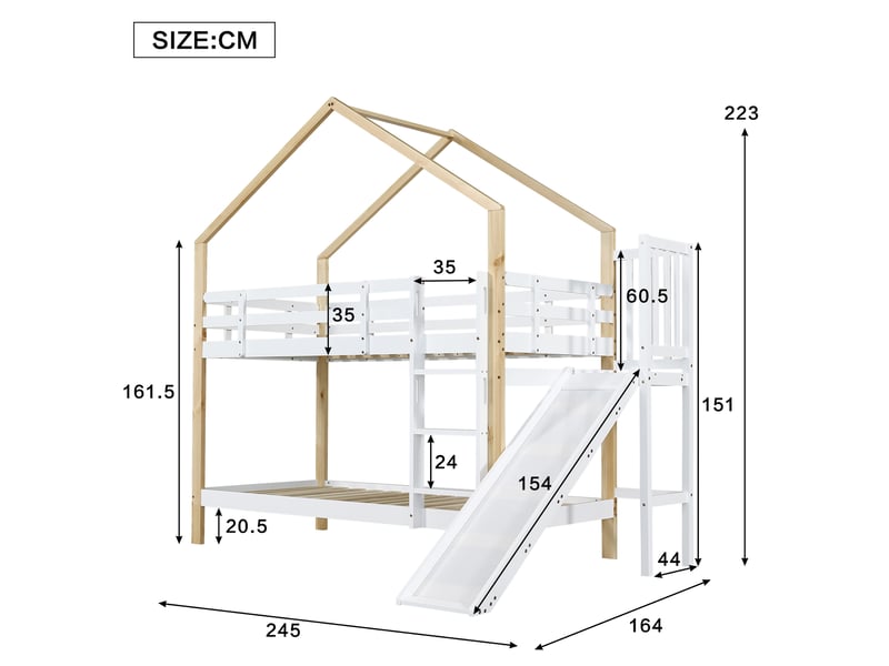 Lit superposé 90 × 200 cm 2 places avec toboggan, 2 tiroirs et barrières, sans matelas, blanc et naturel - Conforama D