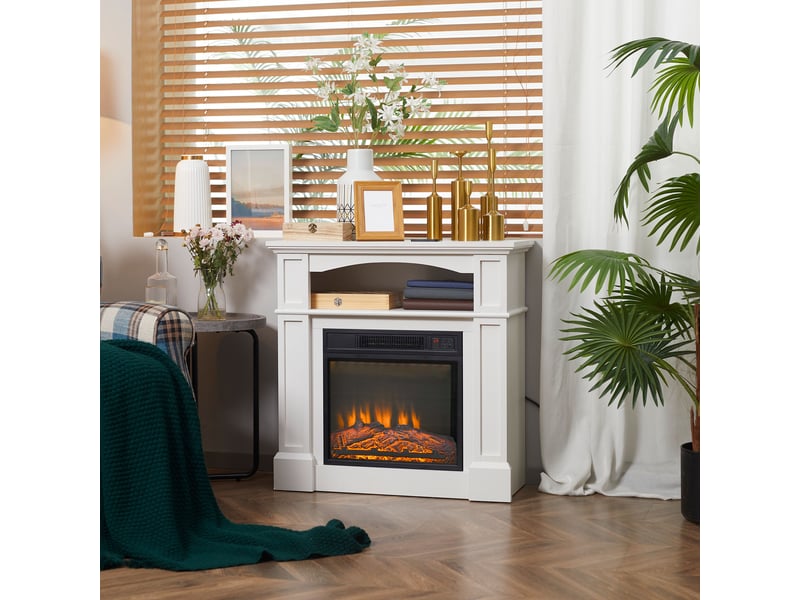  Cheminée électrique avec effet flamme led réglable, 1800 w, télécommande, minuterie et étagère intégrée, blanche  - Conforama B