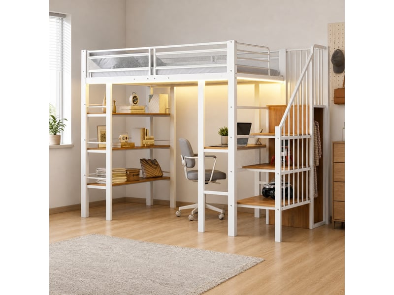 Lit mezzanine 90 x 200 cm en métal, avec bureau, rangements et led, blanc - Conforama B