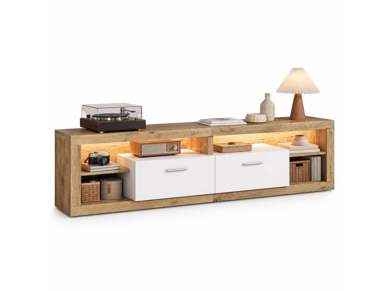  Meuble tv modenvie avec led contrôlées par application 180 x 35,5 x 50 cm 2 tiroirs 4 niches décor bois naturel et blanc  - Conforama A