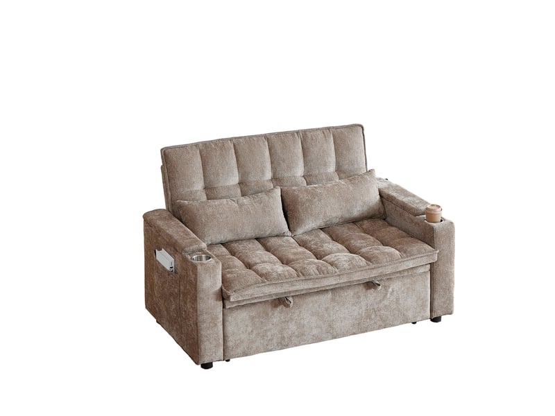  Canapé convertible 2 places 3-en-1 142 × 89 × 89 cm en chenille marron, rangements, poches latérales et porte-gobelets  - Conforama A