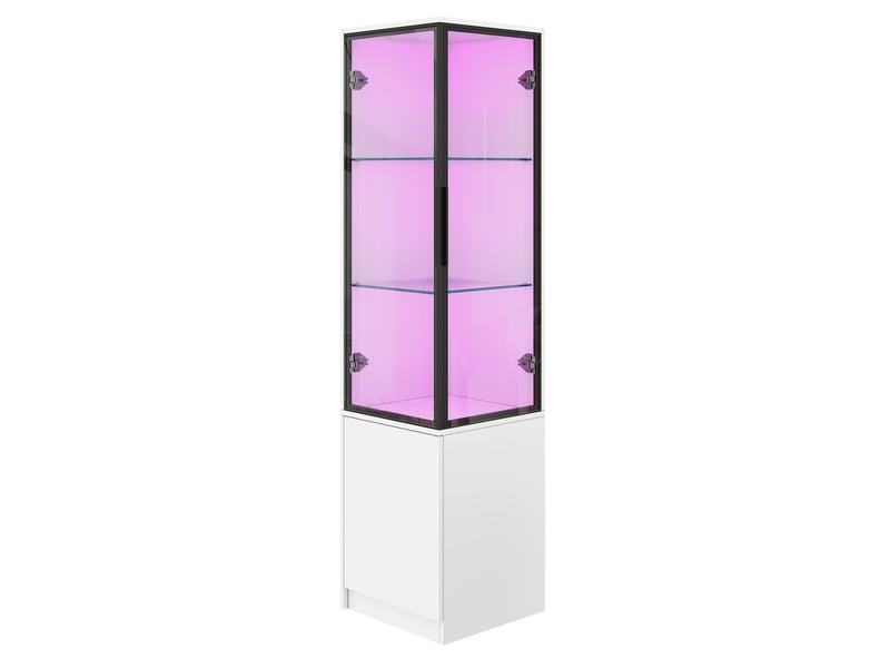 Vitrine d'angle avec led commandée par application, portes vitrées et rangement fermé, blanc, 40 × 40 × 160 cm - Conforama A