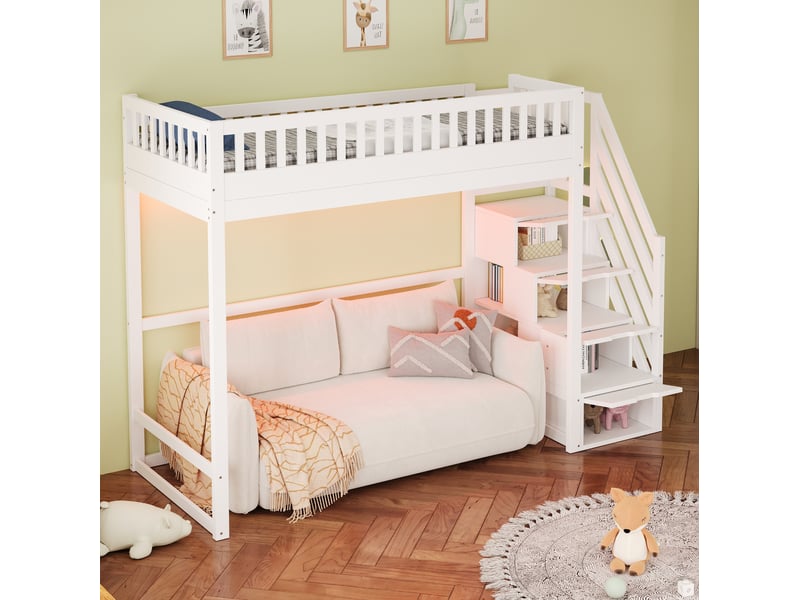  Lit mezzanine 90x200 cm escalier de rangement et led en bois blanc  - Conforama C