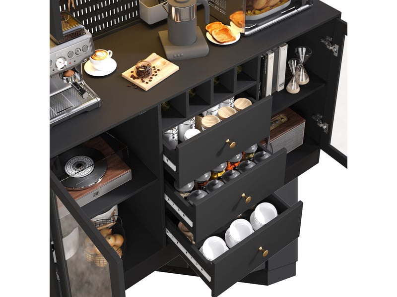 Buffet de cuisine, armoire haute noire, 4 portes & 3 tiroirs, avce éclairage led, porte-bouteilles vin  - Conforama E