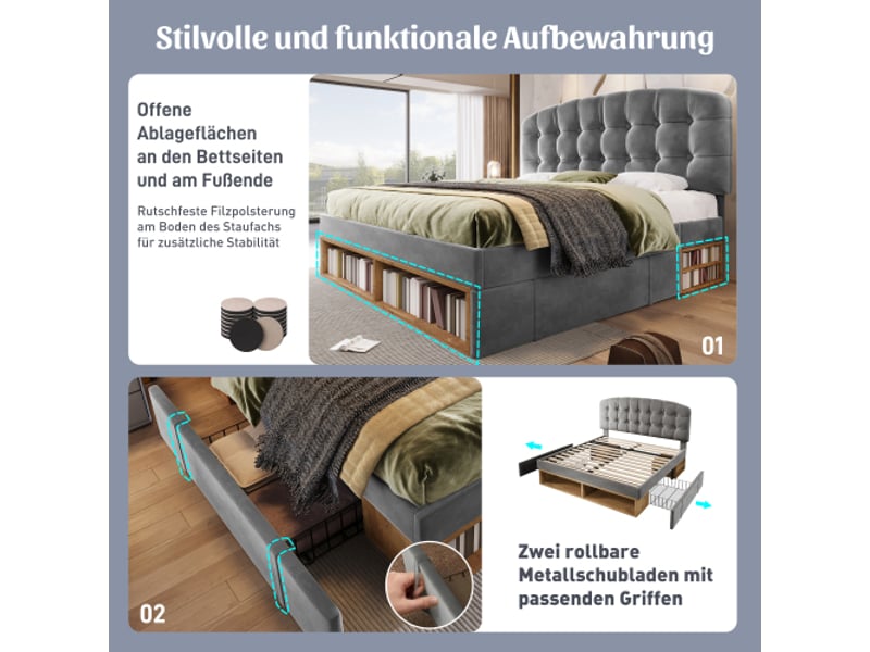  Lit double rembourré 140x190, velours gris, sommier à lattes, tête incurvée réglable, tiroirs, rangement, sans matelas  - Conforama D