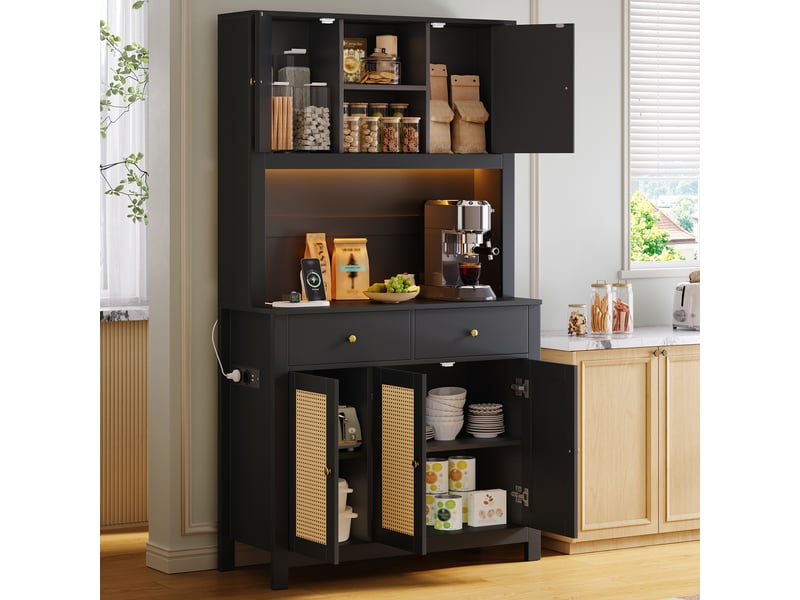  Meuble de cuisine muvano, armoire de cuisine noire avec portes en rotin, 100 × 40 × 180 cm  - Conforama D