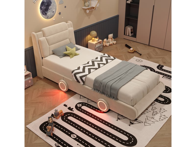  Lit enfant rembourré - 90x200 cm - éclairage led - tête de lit réglable - flanelle - mobilier de chambre enfant - pratique - beige CozyNest - Conforama C