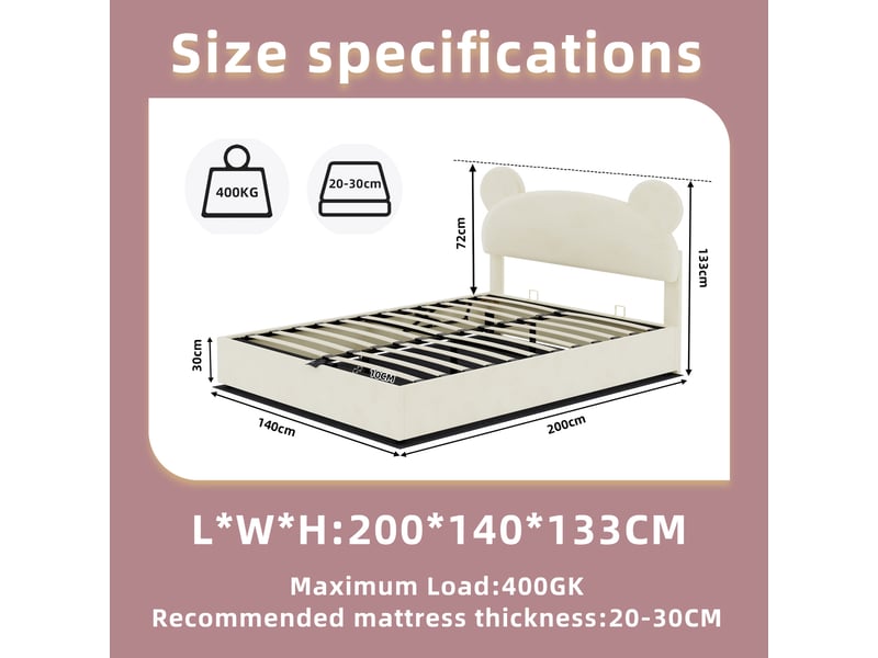  Lit coffre modenvie rembourré 140 x 200 cm en velours beige avec tête de lit oreilles d'ours  - Conforama C