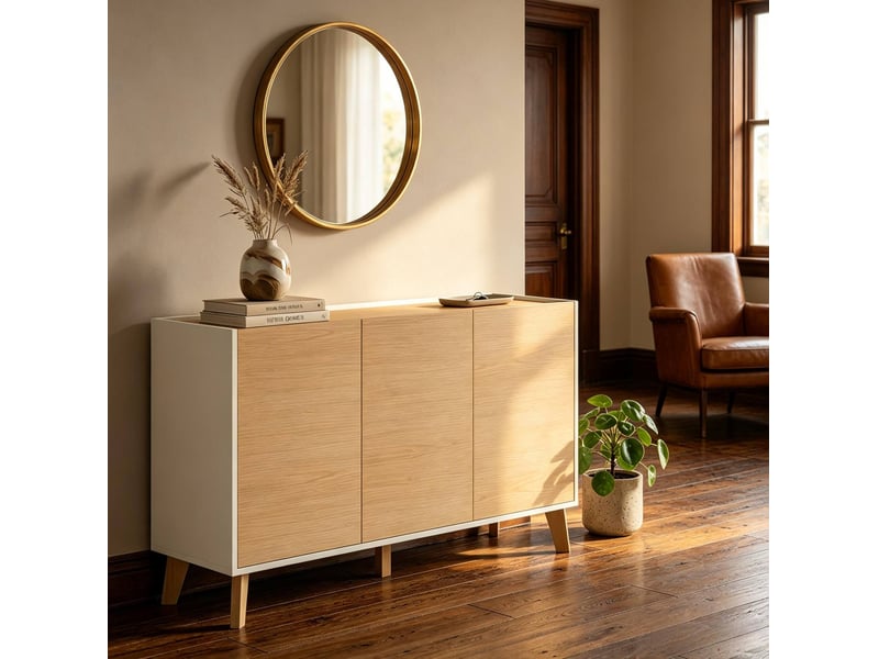  Buffet 3 portes et 6 espaces de rangement, 120 cm, finition bois naturel et blanc  - Conforama C
