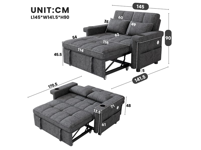 Canapé 2 places - 145x141.5x90cm - canapé convertible lit en chenille avec led rgb, ports usb & porte-gobelets - gris - Conforama E