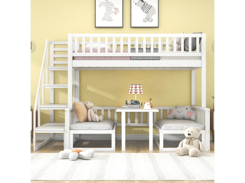 Lit superposé 90120x200 cm - lit combiné enfant avec escalier de rangement, bureau rabattable et banquette - sans matelas - bois pin + mdf - blanc - Conforama B