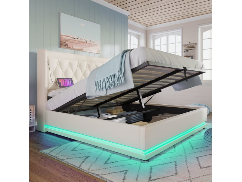 Lit coffre adulte 160x200 cm – blanc pu – led 3 côtés, ports usbtype-c et matelas à ressorts inclus - Conforama B