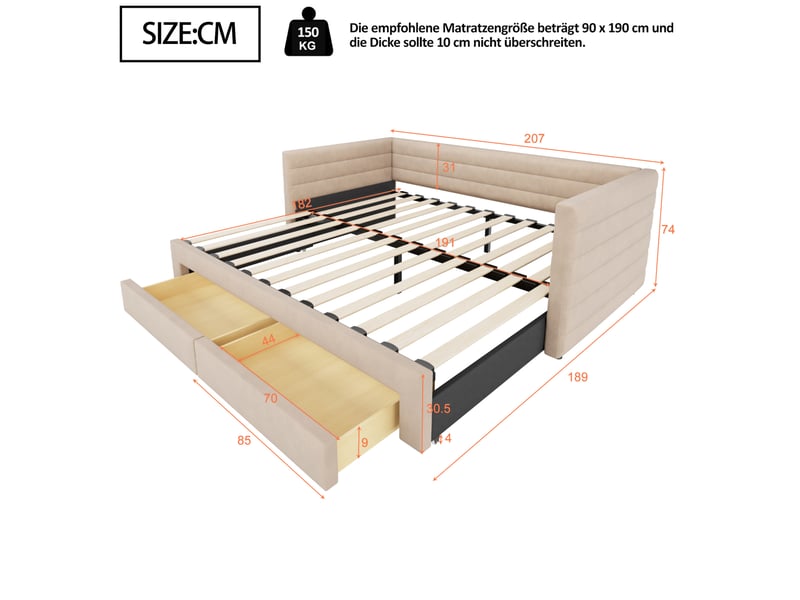 Lit banquette 90x190 cm – beige – extensible 180x190 cm, 2 tiroirs, sommier à lattes, sans matelas - Conforama C
