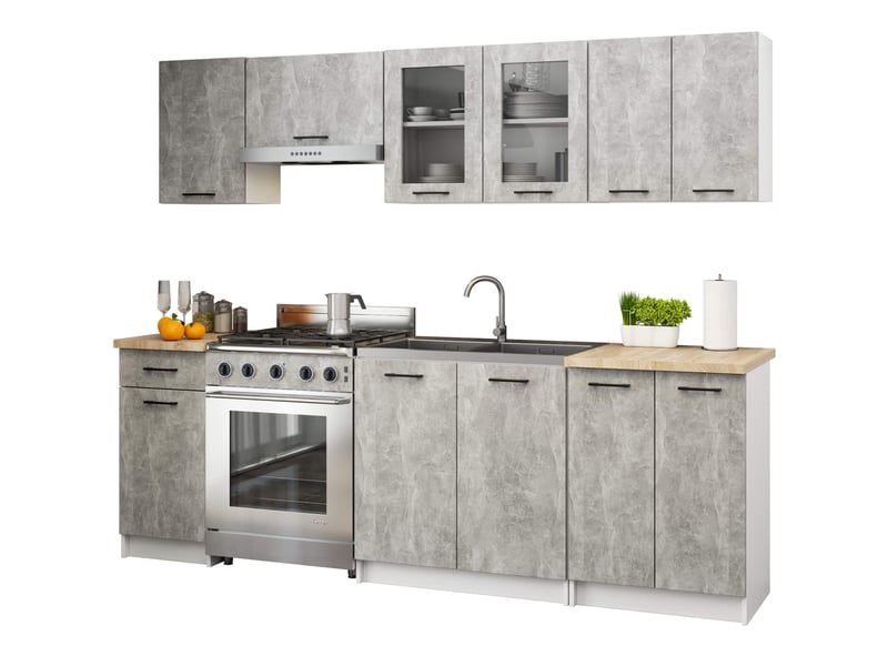 Ensemble de cuisine vitré akord oliwia 2.4m béton 240 cm 11 portes 1 tiroir façade béton 240x46x203 cm Oliwia 2.4M - Conforama A