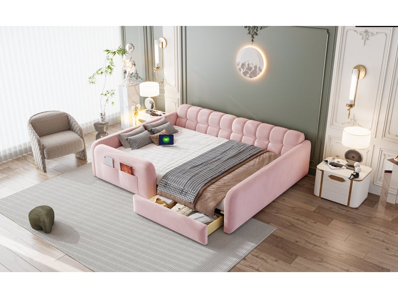 Lit enfant 140 × 200 cm, tiroir, barrières hautes, veilleuse, ports usb et usb-c, tête de lit sofa, velours rose - Conforama B