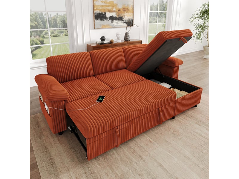  Canapé d'angle convertible 3 places 214 x 138,5 x 89 cm, couchage 214 x 177 cm, méridienne réversible avec coffre, usbtype-c, velours côtelé orange OMNIGLINT TRADING LTD - Conforama B