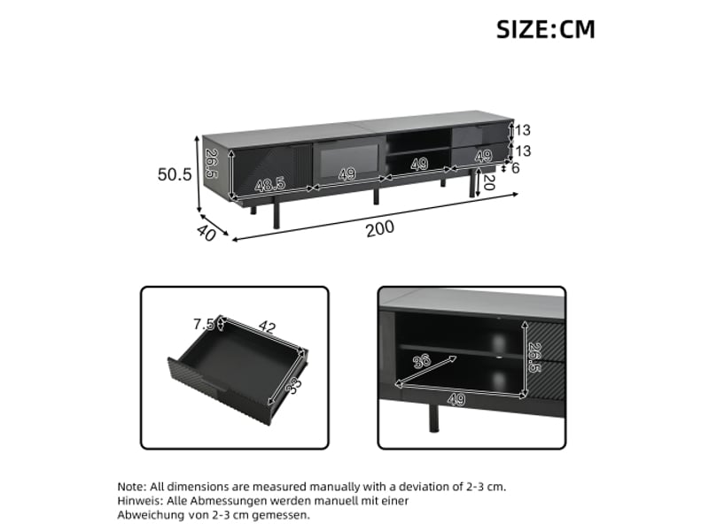  Meuble tv noir moderne 200x40x50,5 cm - 2 portes, 2 tiroirs - grand rangement, support écran jusqu'à 80 pouces - 45 kg  - Conforama C