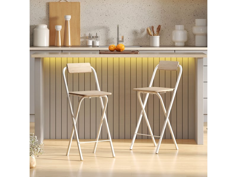  Ensemble de 2 tabourets de bar pliants avec dossier, repose-pieds et structure en acier pour comptoir de salle à manger, couleur naturelle  - Conforama C