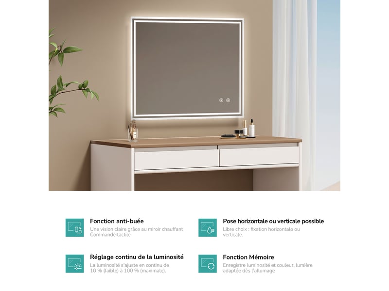 Emke miroir lumineux salle de bain 70x90cm, miroir led avec l'éclairage,interrupteur tactile, anti-buée,lumière blanche froide - Conforama E