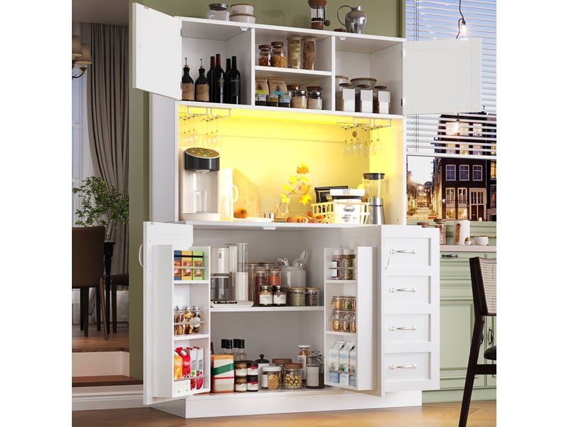  Buffet de cuisine blanc 120 x 40 x 188 cm avec led, 4 portes et 4 tiroirs  - Conforama E