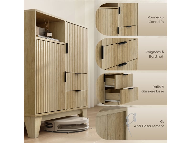  Buffet salon, meuble de rangement, 2 portes, 2 tiroirs, étagère réglable, compartiment ouvert, bois naturel, 80x40x90cm  - Conforama W