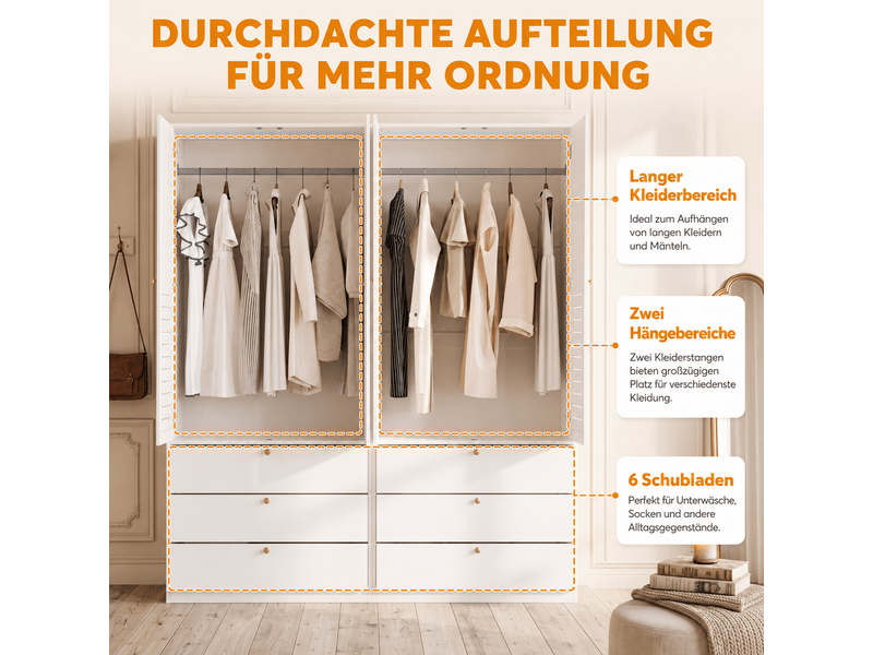  Armoire 4 portes 180x50x200 cm, penderie avec 2 tringles, 6 tiroirs, portes à lamelles, panneaux de particules, blanc OMNIGLINT TRADING LTD - Conforama D