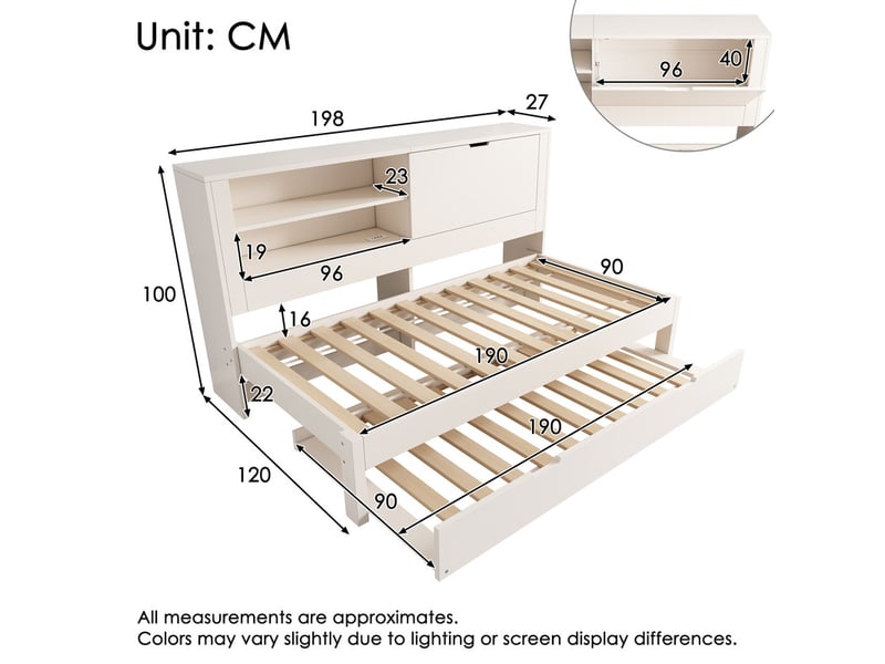 Canapé-lit 90x190cm - avec lit gigogne - avec usbtype-c - avec 1 porte et compartiment de rangement - blanc (matelas non inclus)  - Conforama C