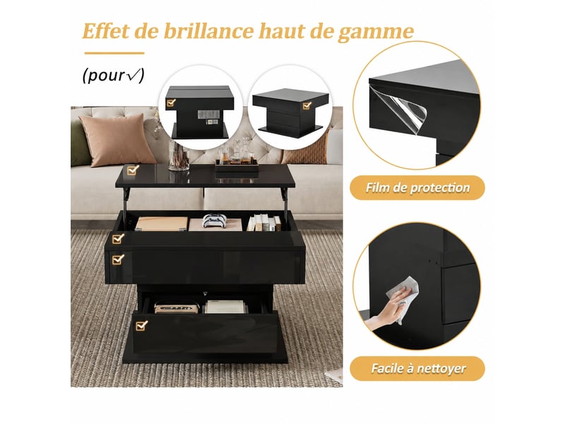 Table basse carrée noire relevable 70 x 70 cm, plateau rotatif 360°, rangement caché, noir - Conforama E