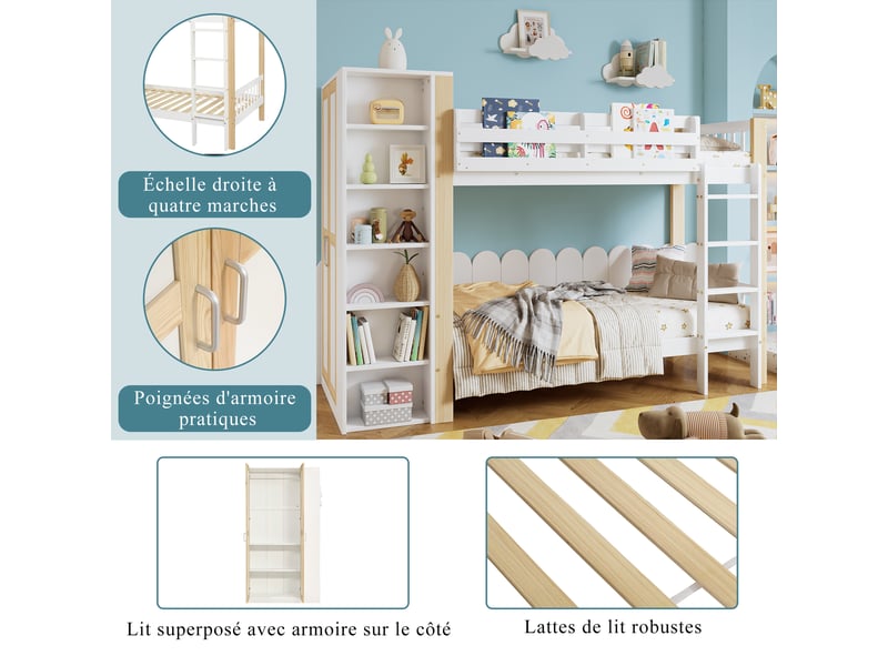  Lit superposé enfant 200×90 cm avec armoire latérale, 6 étagères ouvertes et échelle à 4 marches, blanc et bois naturel  - Conforama E