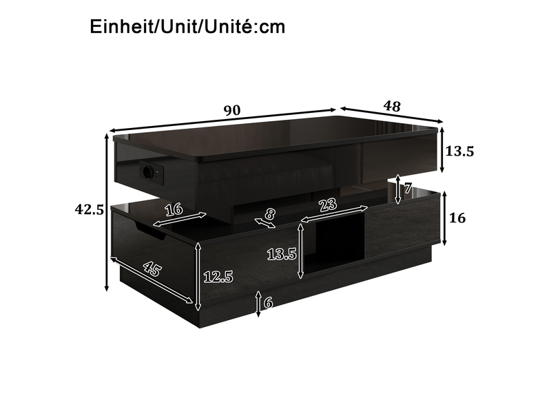  Table basse relevable avec tiroir, niches ouvertes, led et prise intégrée, finition brillante, mdf noir, 90 × 48 × 42,5 cm  - Conforama D