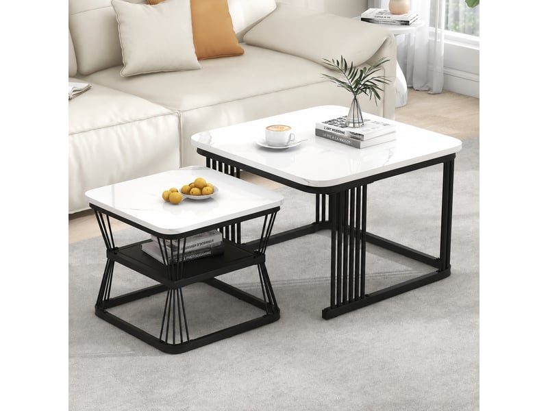 Lot de 2 tables basses modernes en mdf effet marbre, piètement acier, 65 et 45 cm, blanc  - Conforama E