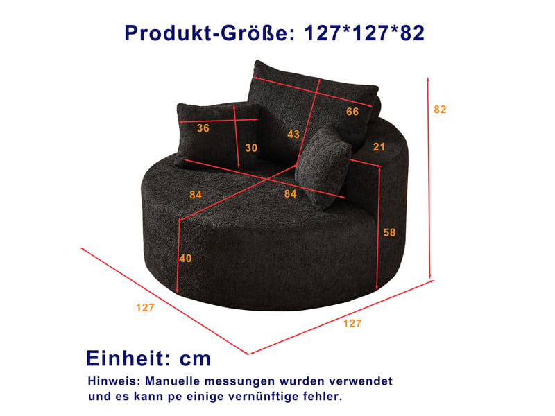 Fauteuil de repos 1 place en mousse avec coussin cylindrique, sans montage, en chenille noir, 127 × 127 × 82 cm - Conforama C