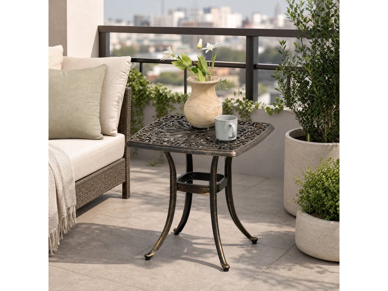 Table basse de jardin avec trou de parasol et pieds réglables, style vintage, en aluminium bronze, 54 × 54 × 52,5 cm - Conforama C