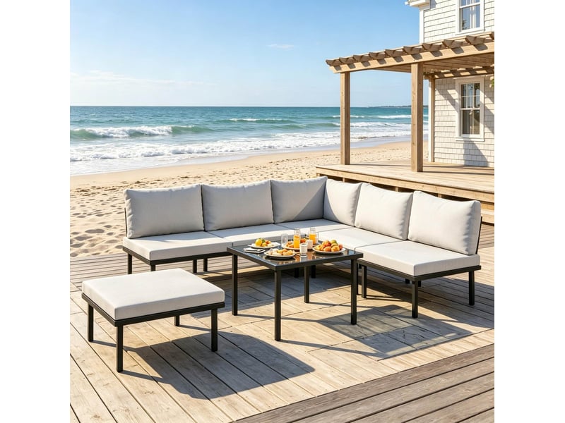  Salon de jardin modulable 6 pièces – noir et gris clair – table basse en verre trempé et coussins confortables  - Conforama D
