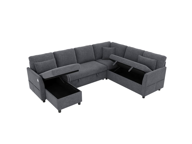  Canapé d’angle convertible 6 places 255x196x85 cm gris avec rangement  - Conforama D