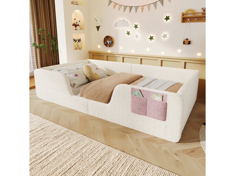 Lit enfant rembourré 90 x 190 cm avec barrières latérales rembourrées amovibles et poche de rangement intégrée, en velours beige, sans matelas - Conforama D