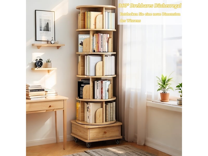  Bibliothèque tournante - 46x46x173cm - 6 niveaux avec tiroir et roulettes - étagère à livres ronde gain de place - bois naturel  - Conforama C