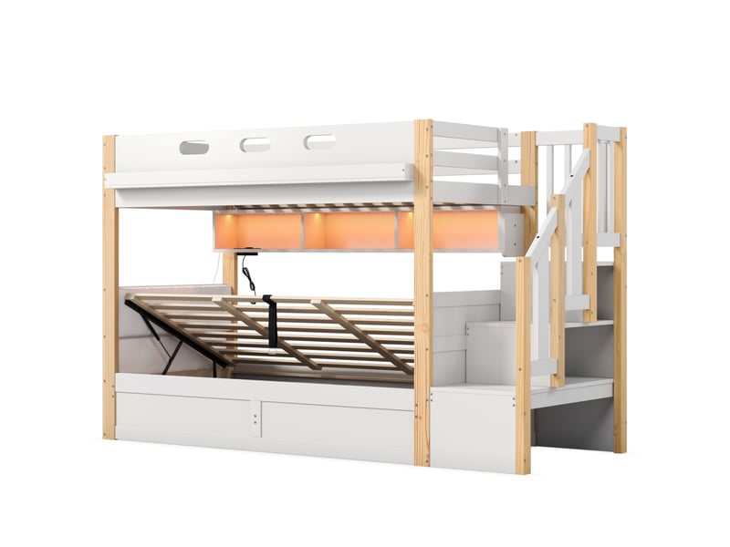  Lit superposé 90 × 200 cm avec escalier-rangement, led et usb-c, blanc Fay Lum - Conforama R