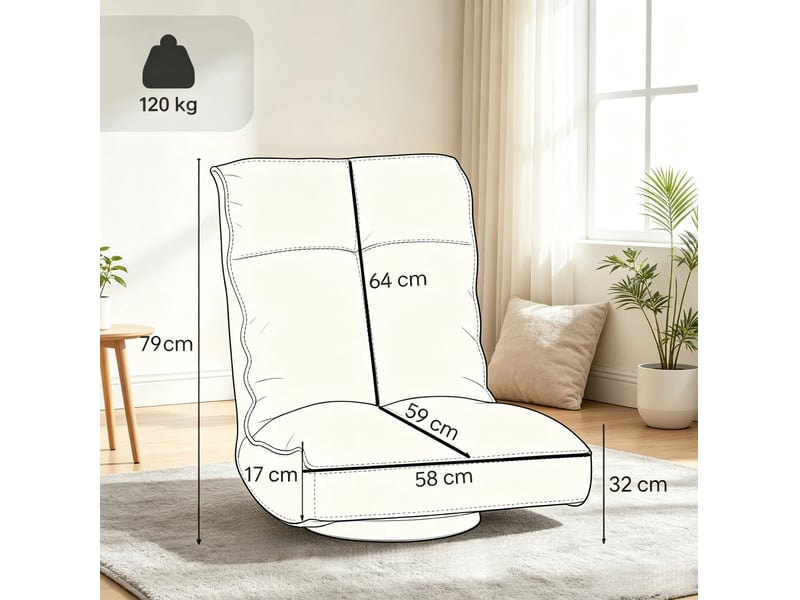  Fauteuil relax pivotant au sol avec dossier réglable 5 positions, pliable et rembourré en tissu gris  - Conforama D