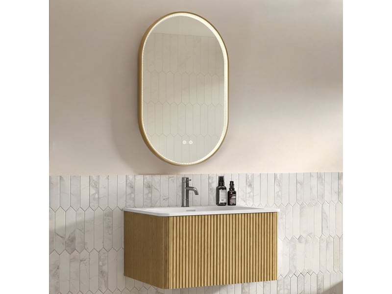  Ensemble meuble salle de bain suspendu 80 cm avec miroir led - vasque intégrée, miroir ovale antibuée  - Conforama W