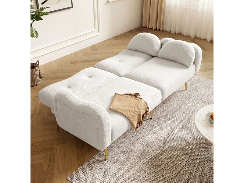 Canapé convertible 2 places design moderne, canapé tissu bouclette blanc avec dossier inclinable 3 positions et pieds en métal doré. - Conforama R