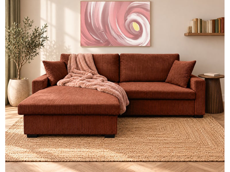  Gisele - canapé d'angle réversible 4 places convertible avec large méridienne et coffre en velours côtelé - best mobilier - terracotta GISELE - Conforama B