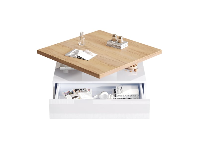  Table basse carrée - 70x70x36cm - pivotante à 360°, plateau effet bois &amp; base laquée brillante, grand tiroir - blanc  - Conforama A