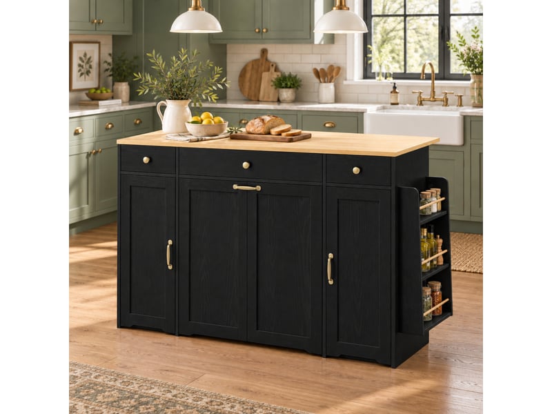  Buffet de cuisine - 136x39,8x90 cm - meuble de rangement avec plateau rabattable, 3 tiroirs, portes et étagère - noir  - Conforama B