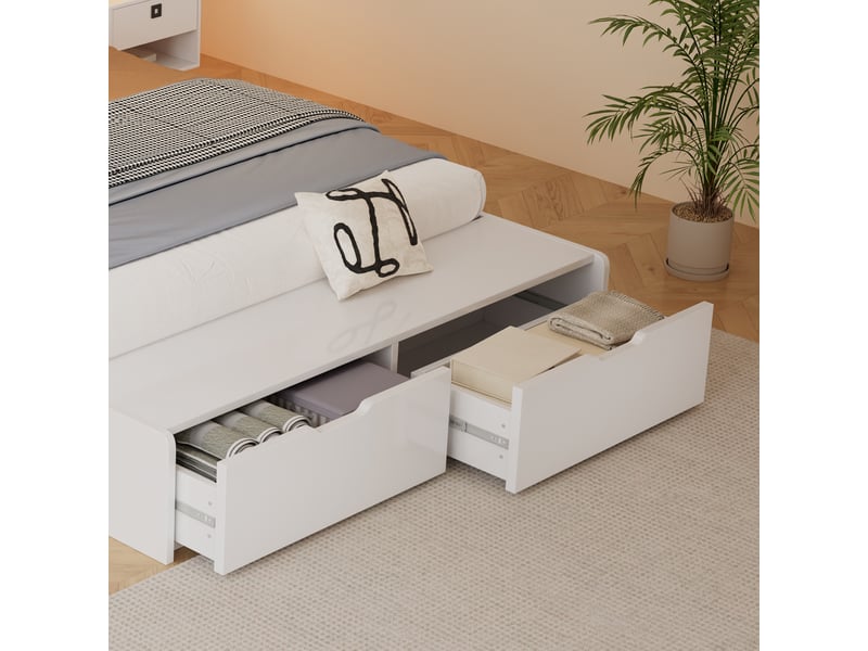 Lit enfant en bois 140x200cm - tête de lit rembourrée - avec 2 tiroirs et banc de bout de lit - blanc (sans matelas) - Conforama R