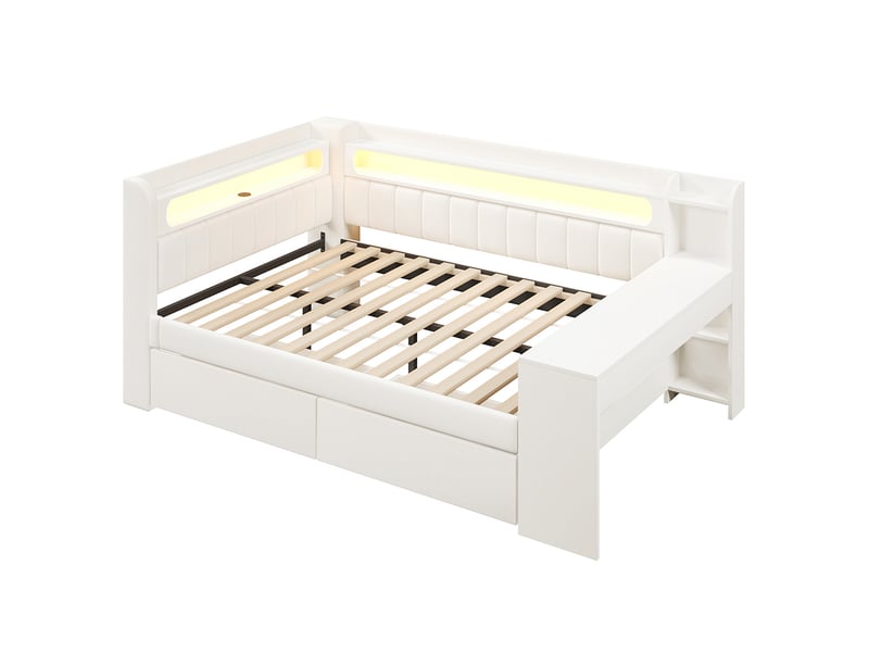  Canapé-lit rembourré 140 x 200 cm avec port usb et led - bureau - deux tiroirs - tissu lin - blanc  - Conforama D