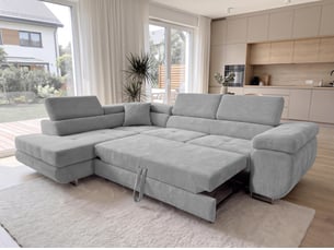 Canapé d'angle gauche convertible <strong>AX LIVING </strong> <strong>Konak</strong> 5 places Velours côtelé gris avec coffre de rangement
