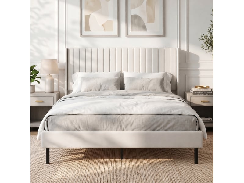 Lit rembourré 140x200 en velours beige avec tête de lit réglable de 107 à 112 cm et sommier 12 lattes - Conforama B