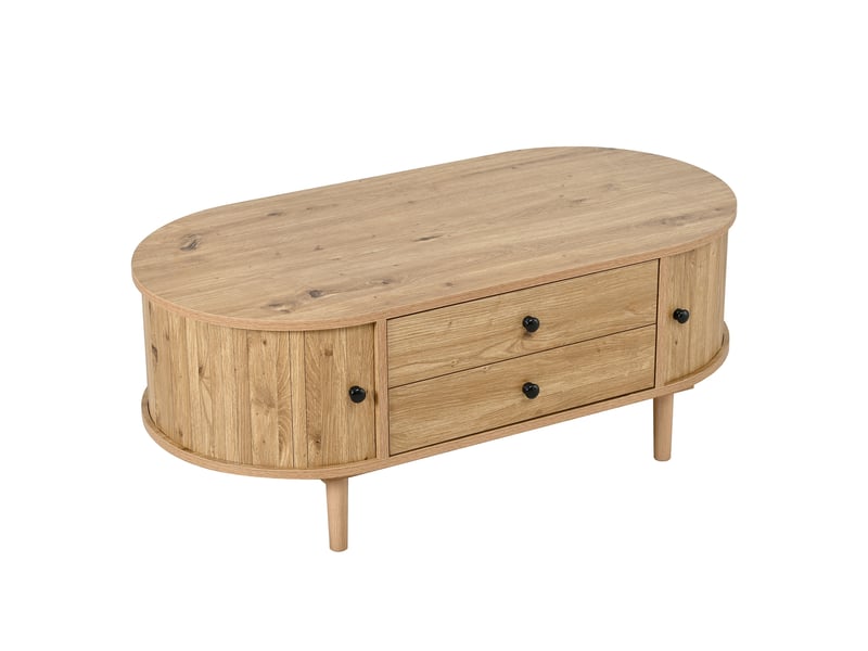  Table basse 100x50x40 cm, 2 tiroirs, grand rangement, porte coulissante, style vintage, structure mdf pour salon et séjour - chêne  - Conforama A