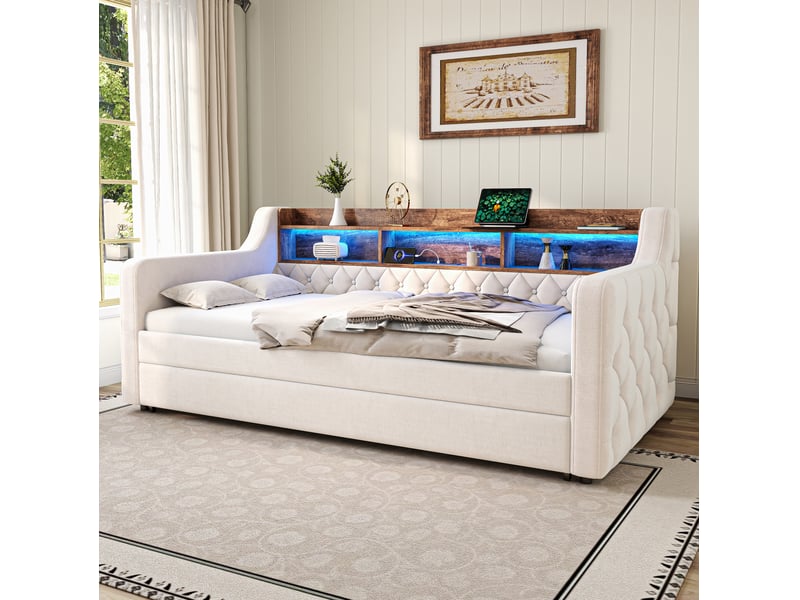  Lit gigogne rembourré 90x190 extensible en lit double, tête de lit avec rangement, led, usb-c, sommier à lattes, velours beige Morn Vibe - Conforama C